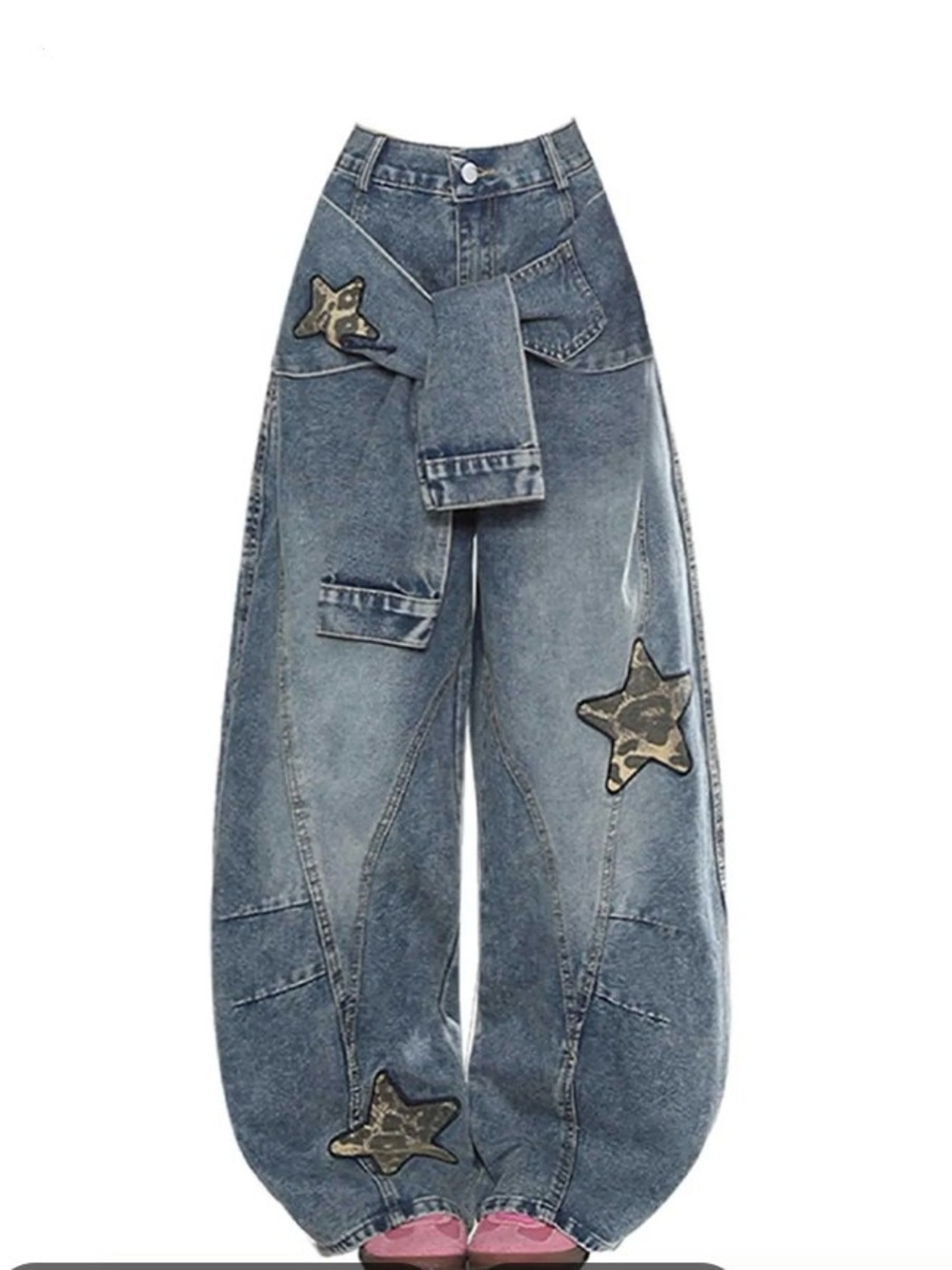 High-Waist Blue Star Patch Wide-Leg Jeans
